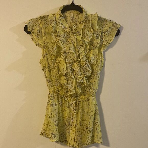 Myths Tops - Myths, Sleeveless Yellow Floral Blouse, Buttons down under frills, Size M